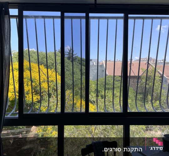 חלון עם סורגים מתכתיים ונוף עצים בחוץ